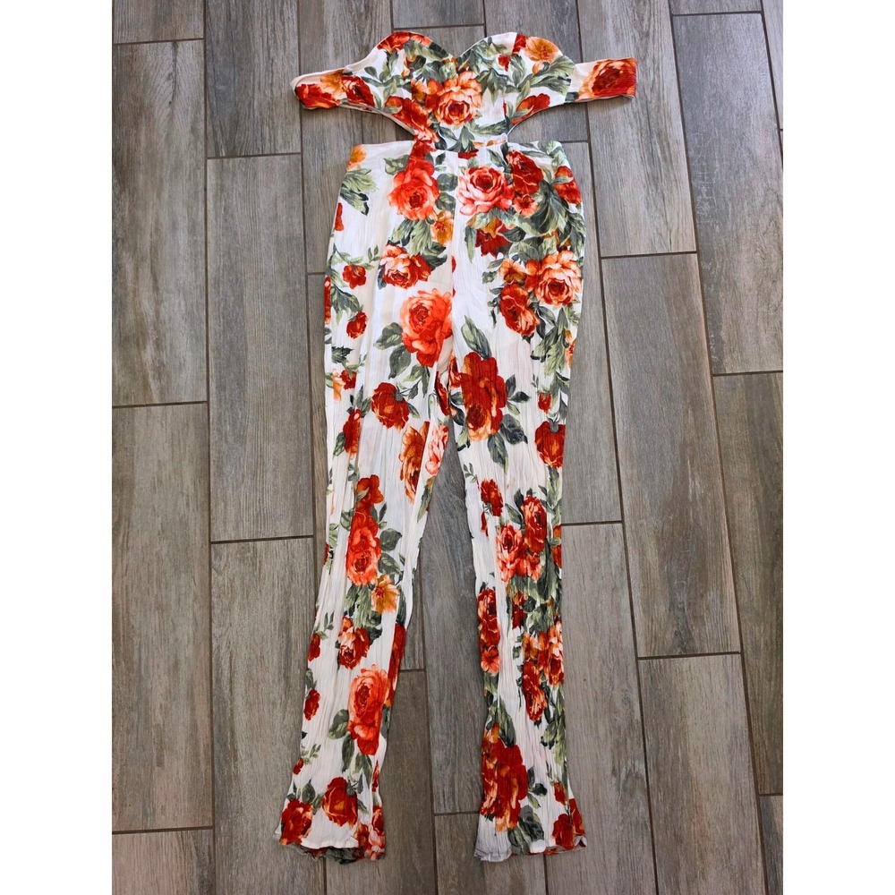 XXI Forever 21 Floral Cut Out Off Shoulder Jumpsuit Orange Red Rose Small